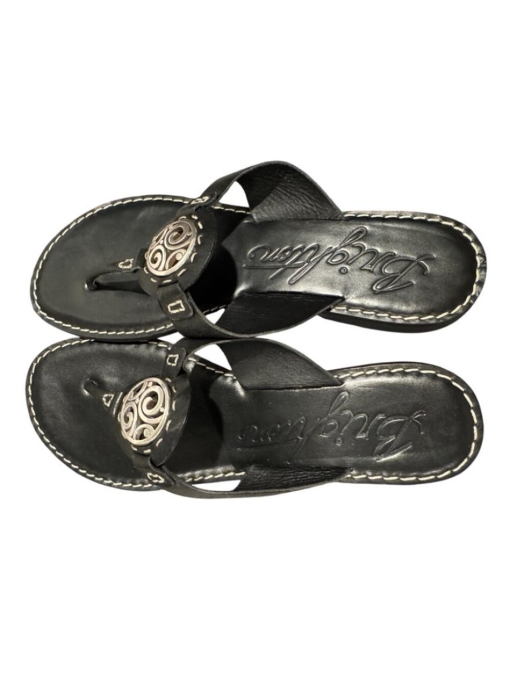 Brighton Atlas Sandals Black Leather Thong Flip Flops Medallion Size 8.5 EUC - Picture 2 of 6